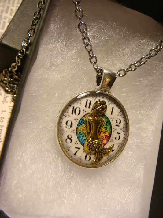 Mermaid over Clock Small Pendant Necklace in Antique Silver
