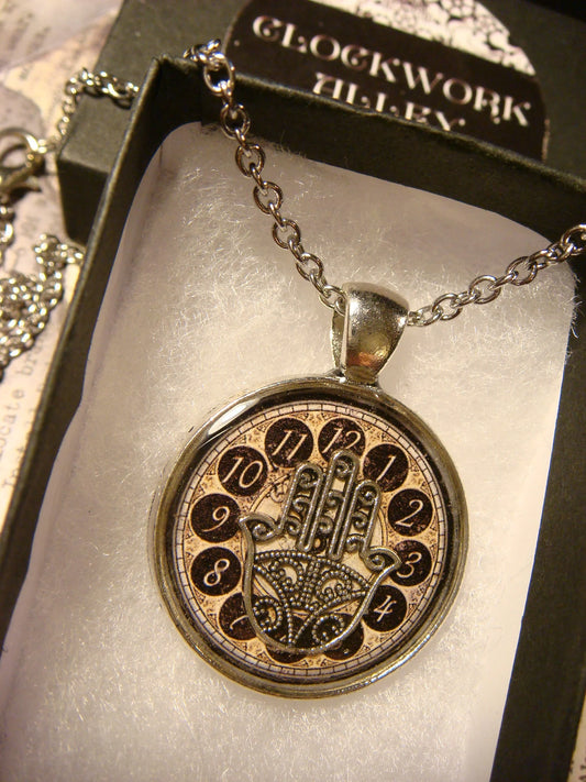Hamsa over Clock Pendant Necklace