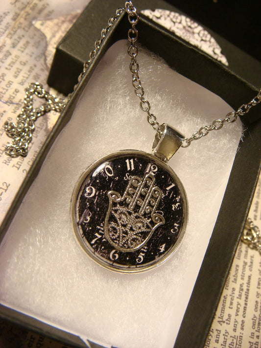 Hamsa over Clock Pendant Necklace