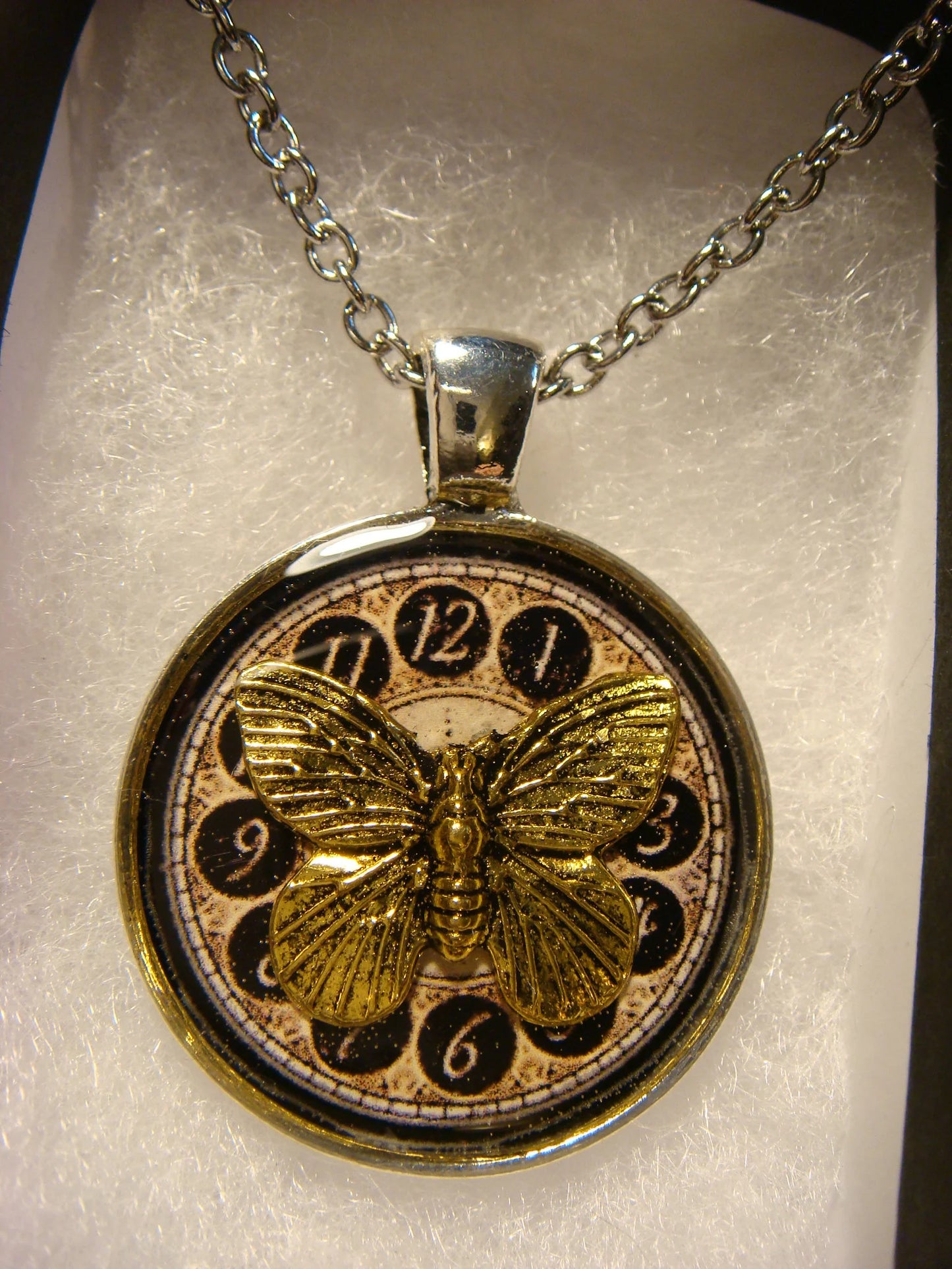 Butterfly over Clock Pendant Necklace