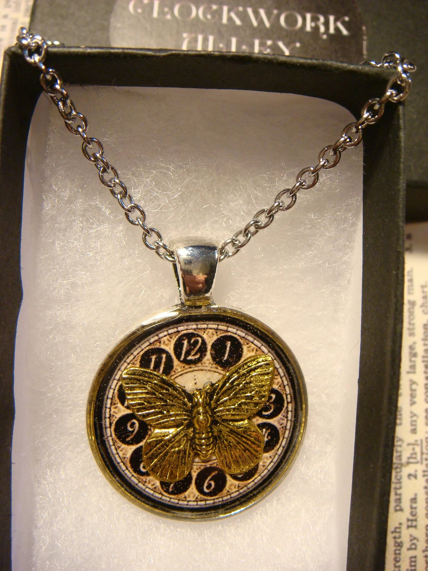 Butterfly over Clock Pendant Necklace