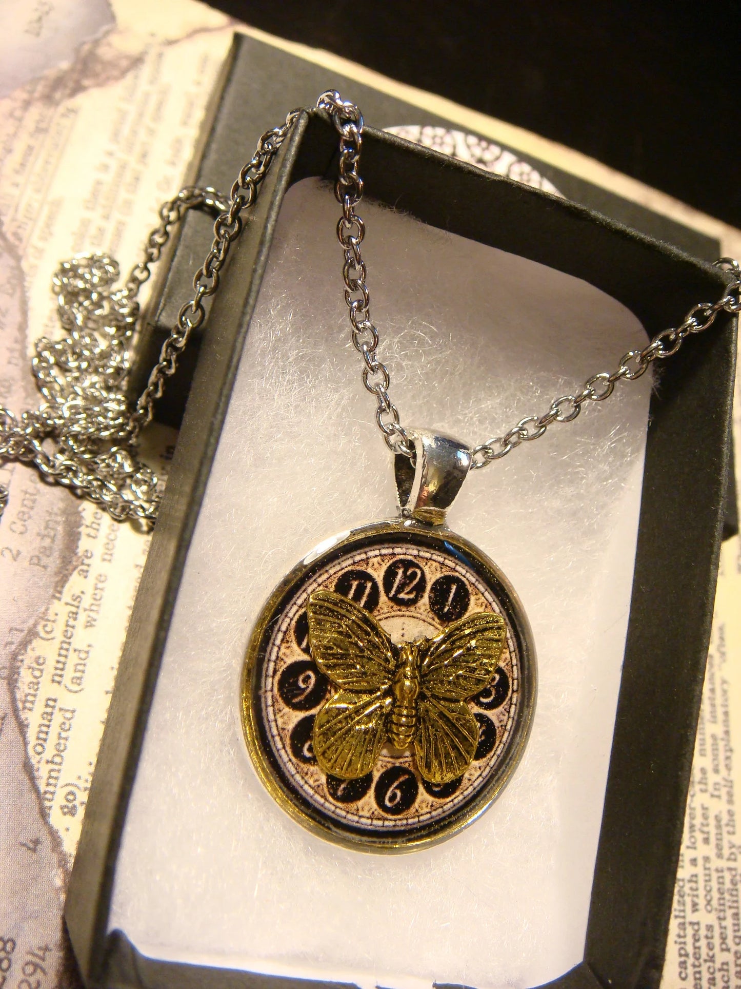 Butterfly over Clock Pendant Necklace