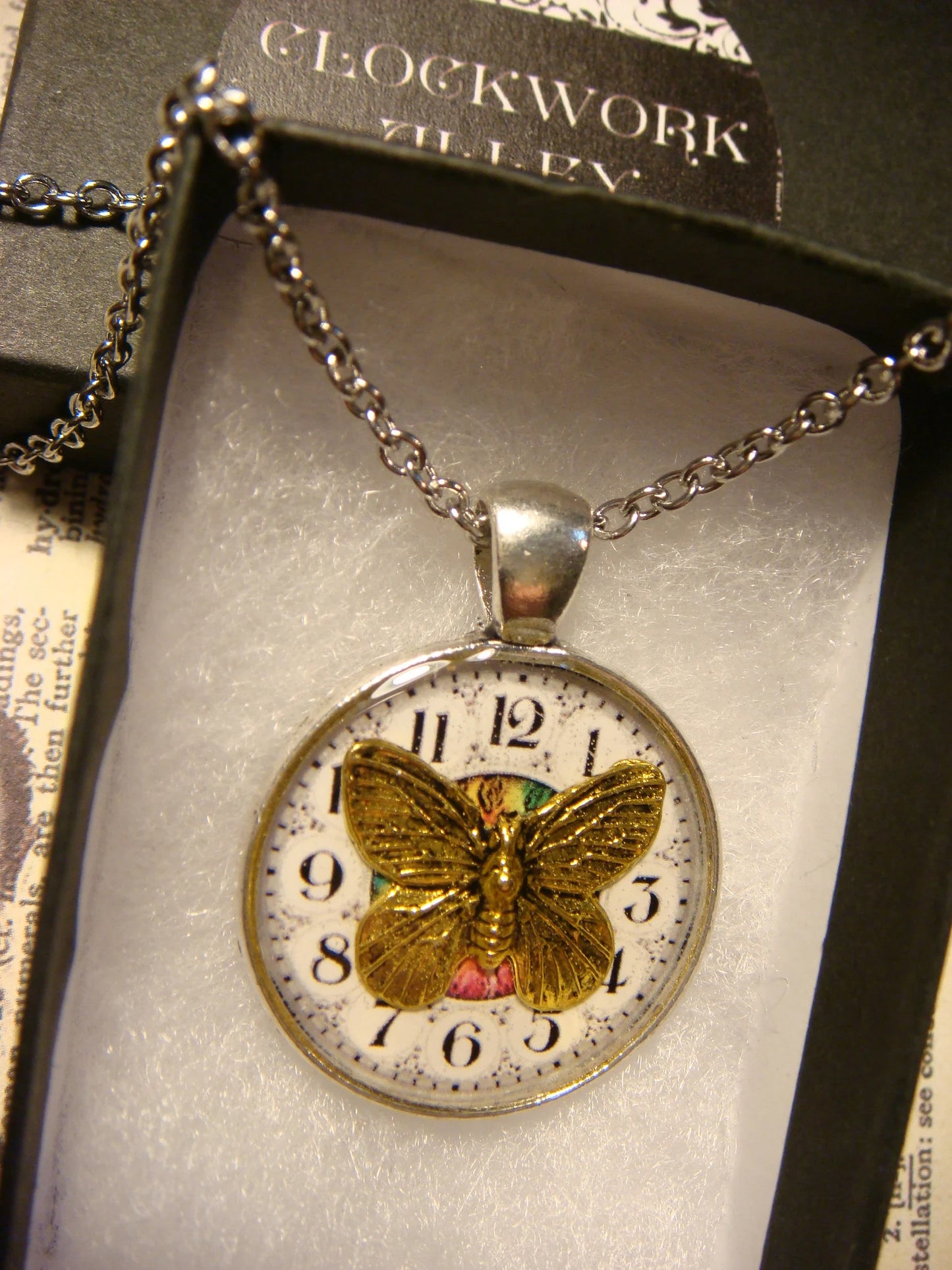 Butterfly over Clock Pendant Necklace