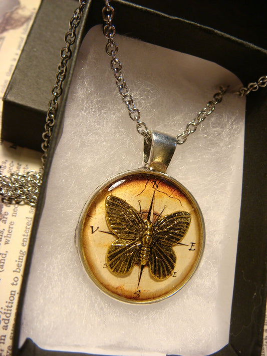 Butterfly over Compass Pendant Necklace