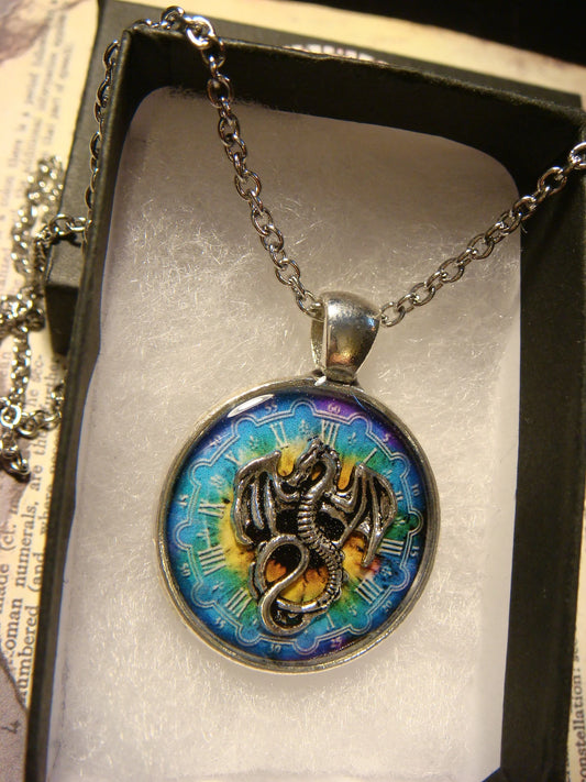 Dragon over Colorful Clock Pendant Necklace