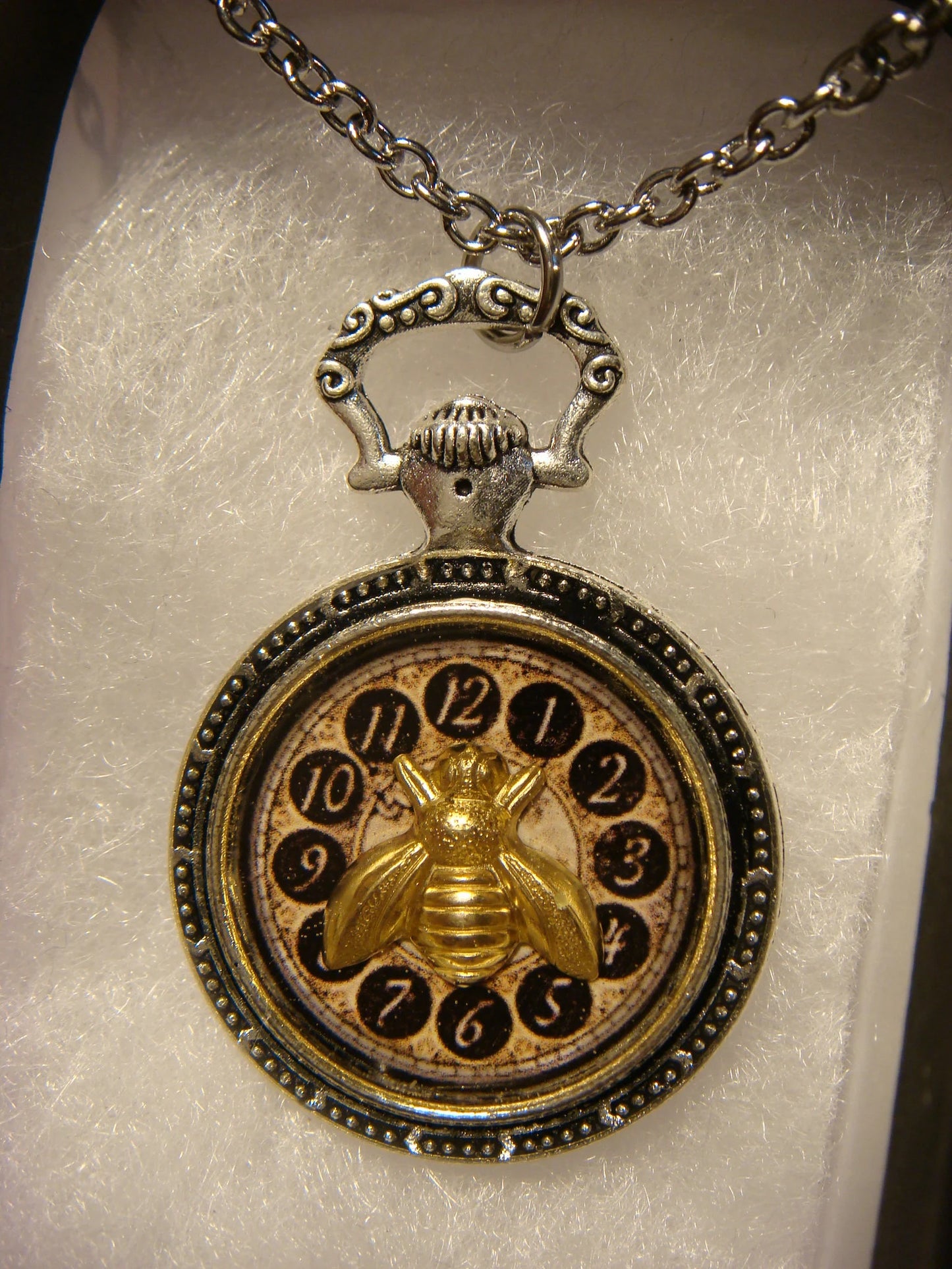 Bee over Clock Pocket Watch Pendant Necklace