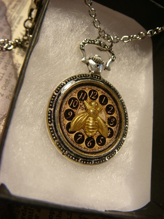 Bee over Clock Pocket Watch Pendant Necklace