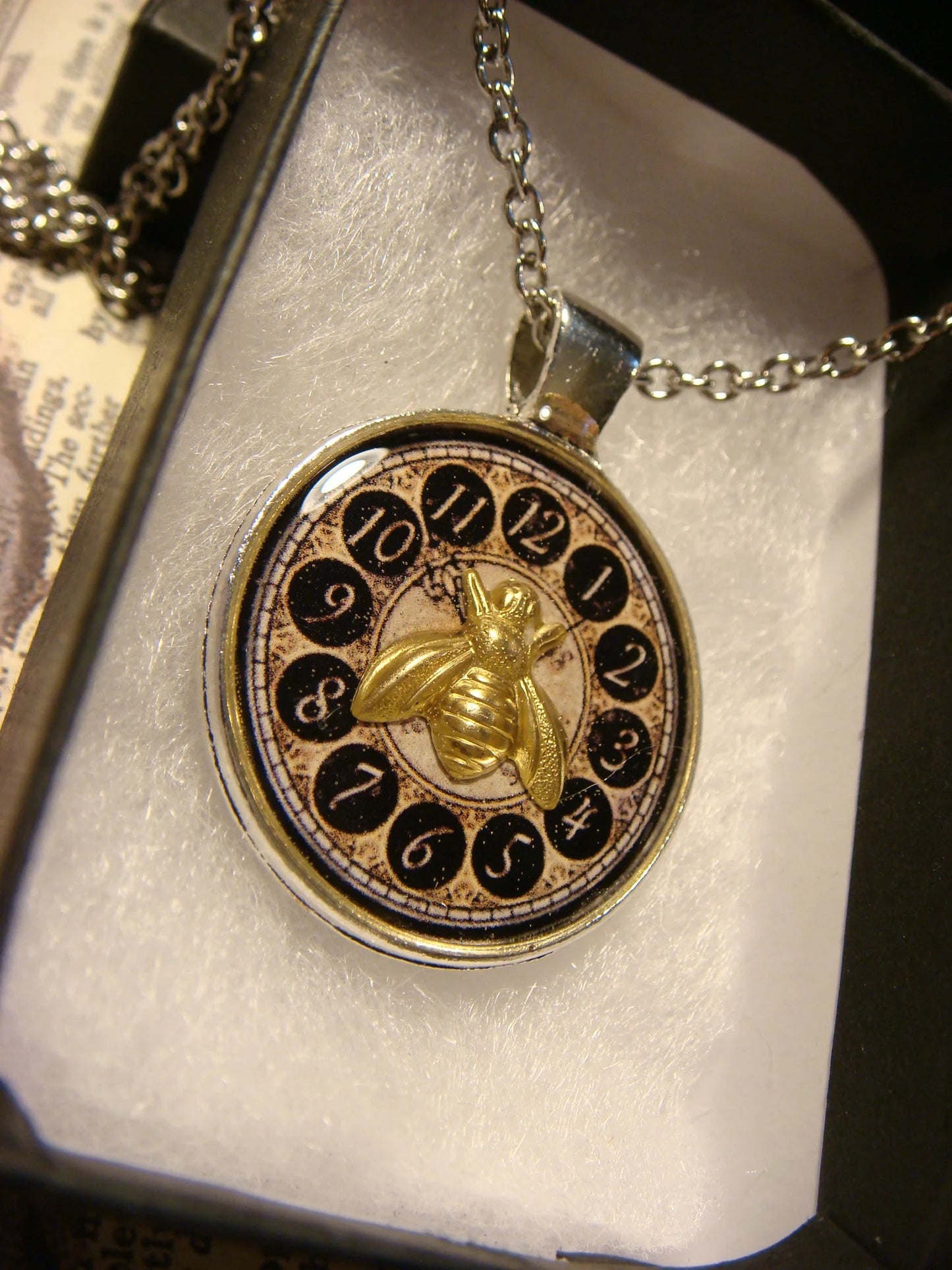 Bee Over Vintage Clock Pendant Necklace