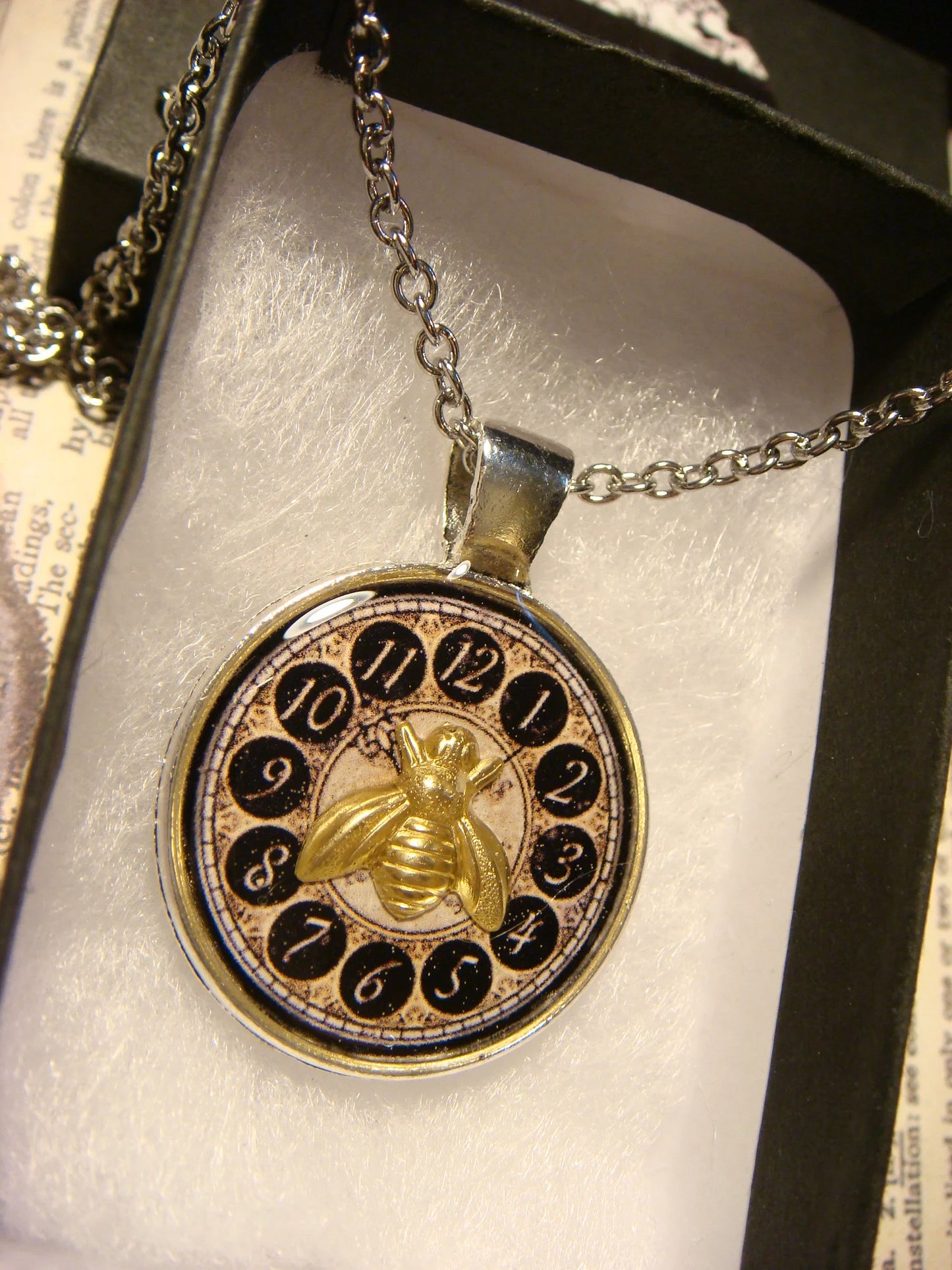 Bee Over Vintage Clock Pendant Necklace