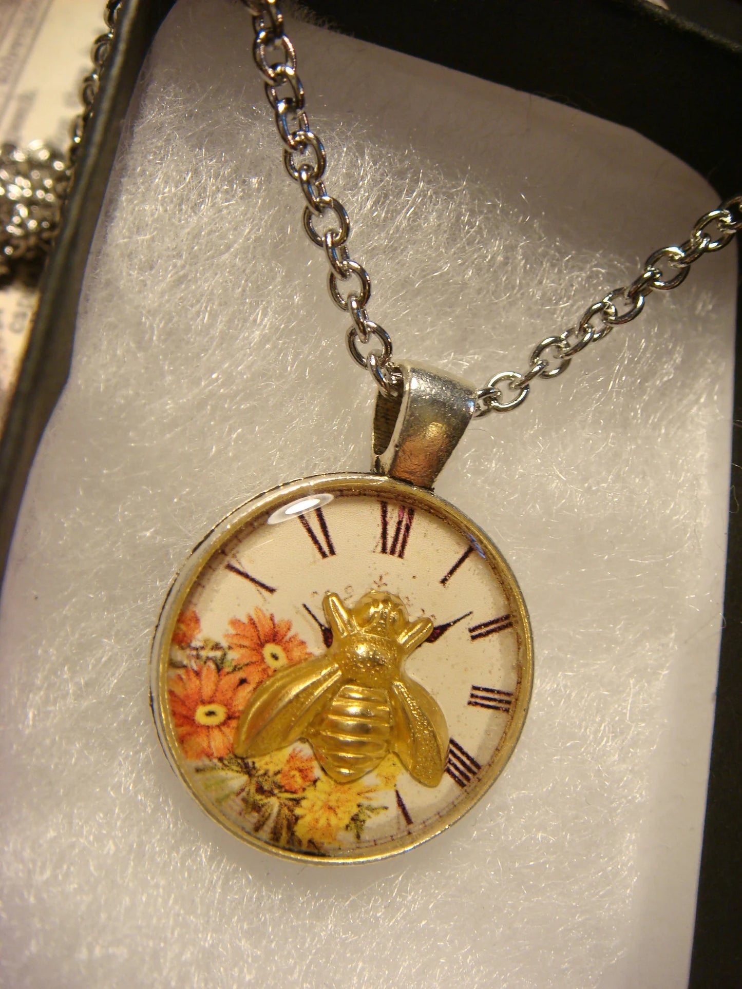 Bee over Floral Clock Pendant Necklace