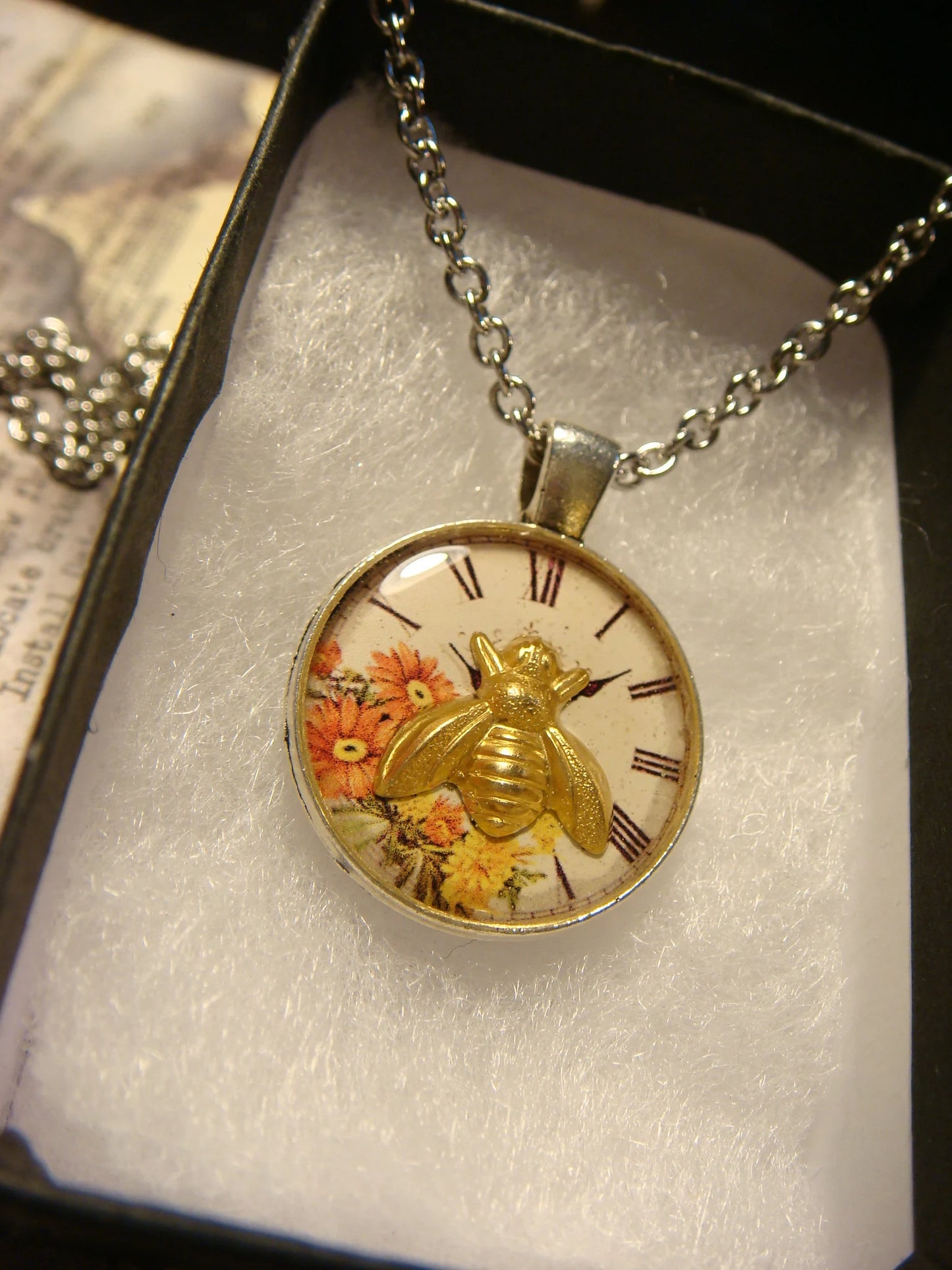 Bee over Floral Clock Pendant Necklace