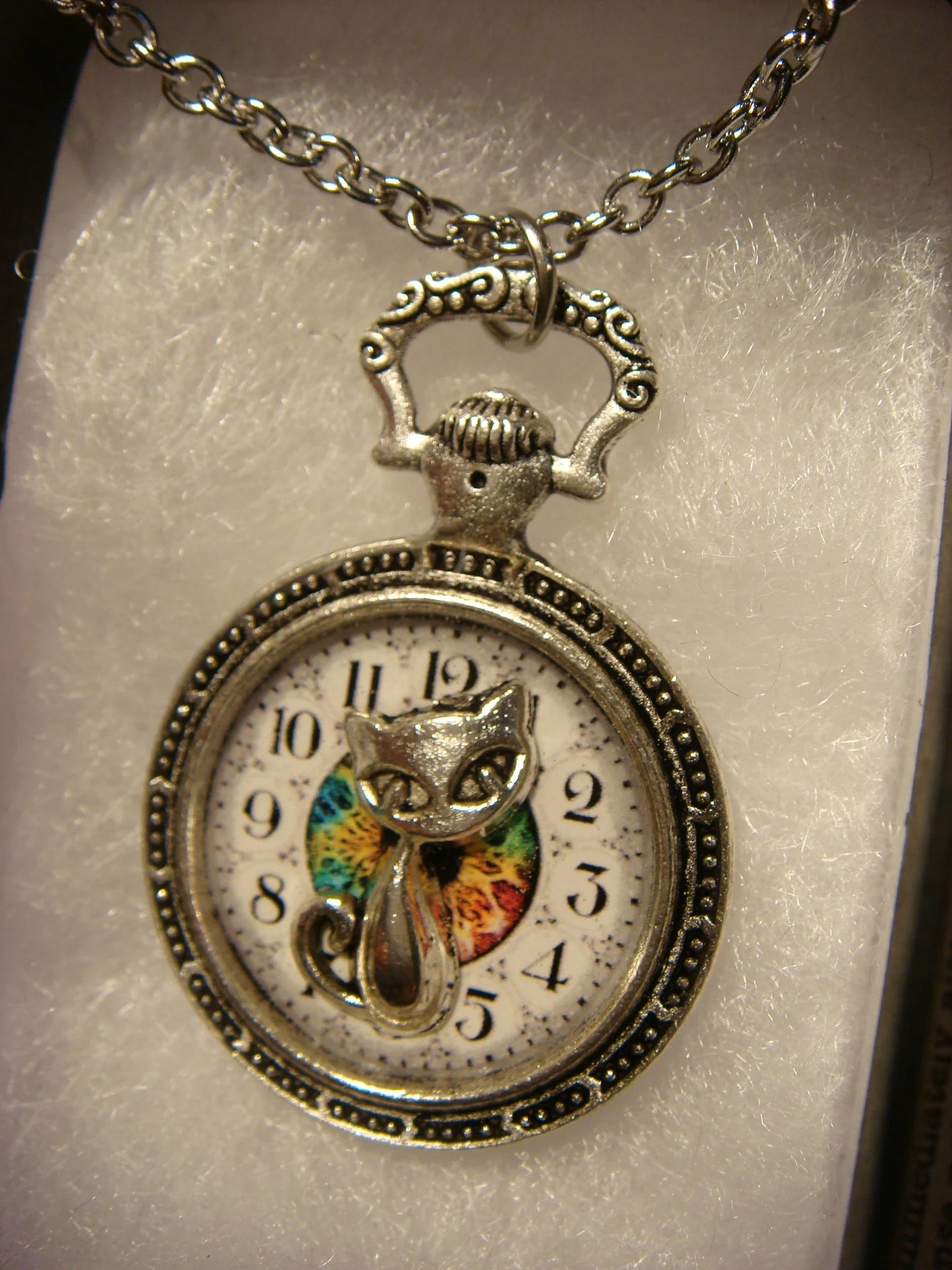 Cat over Clock Pocket Watch Pendant Necklace