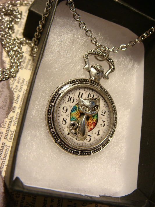 Cat over Clock Pocket Watch Pendant Necklace