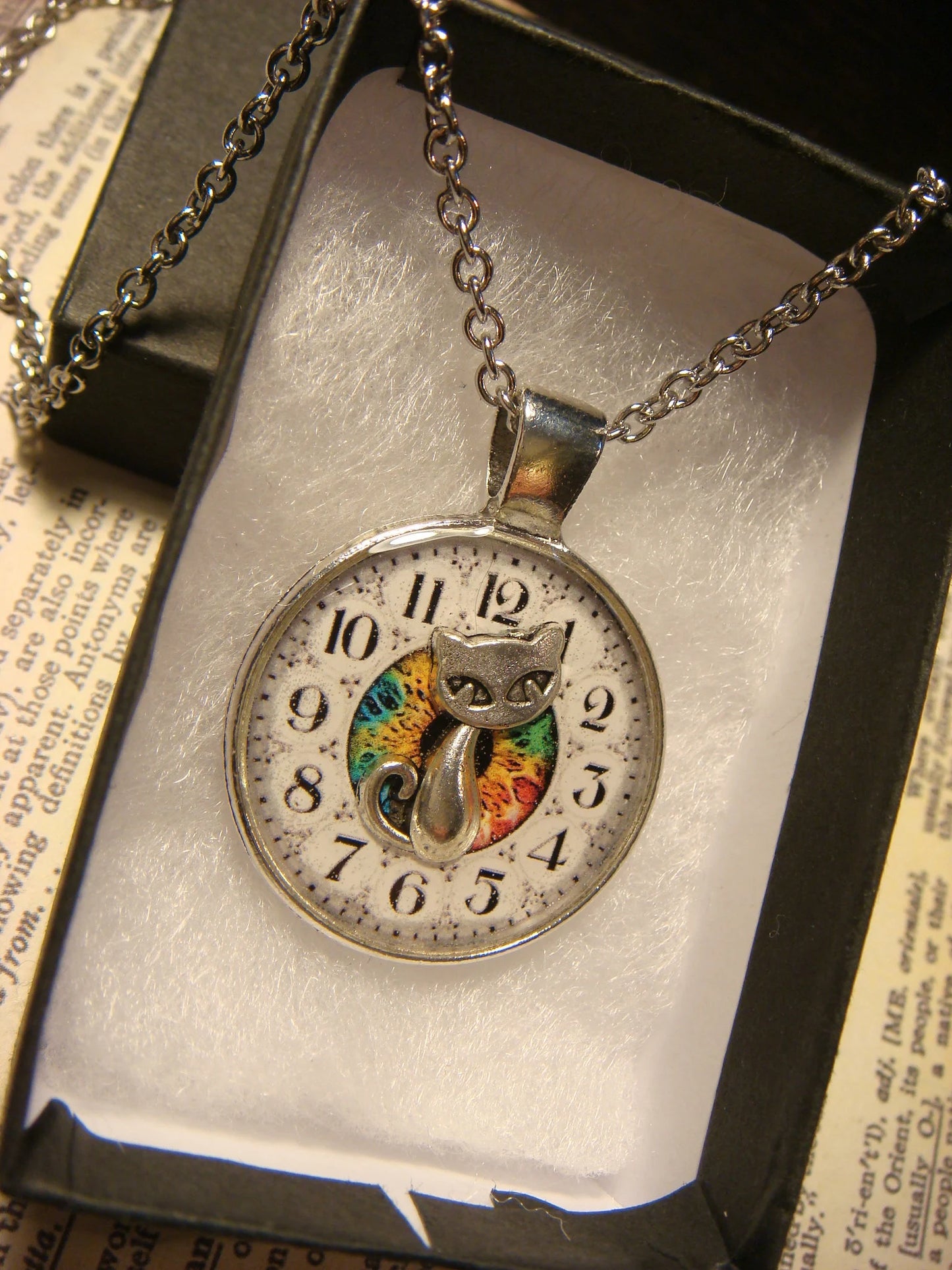 Cat over Clock Pendant Necklace