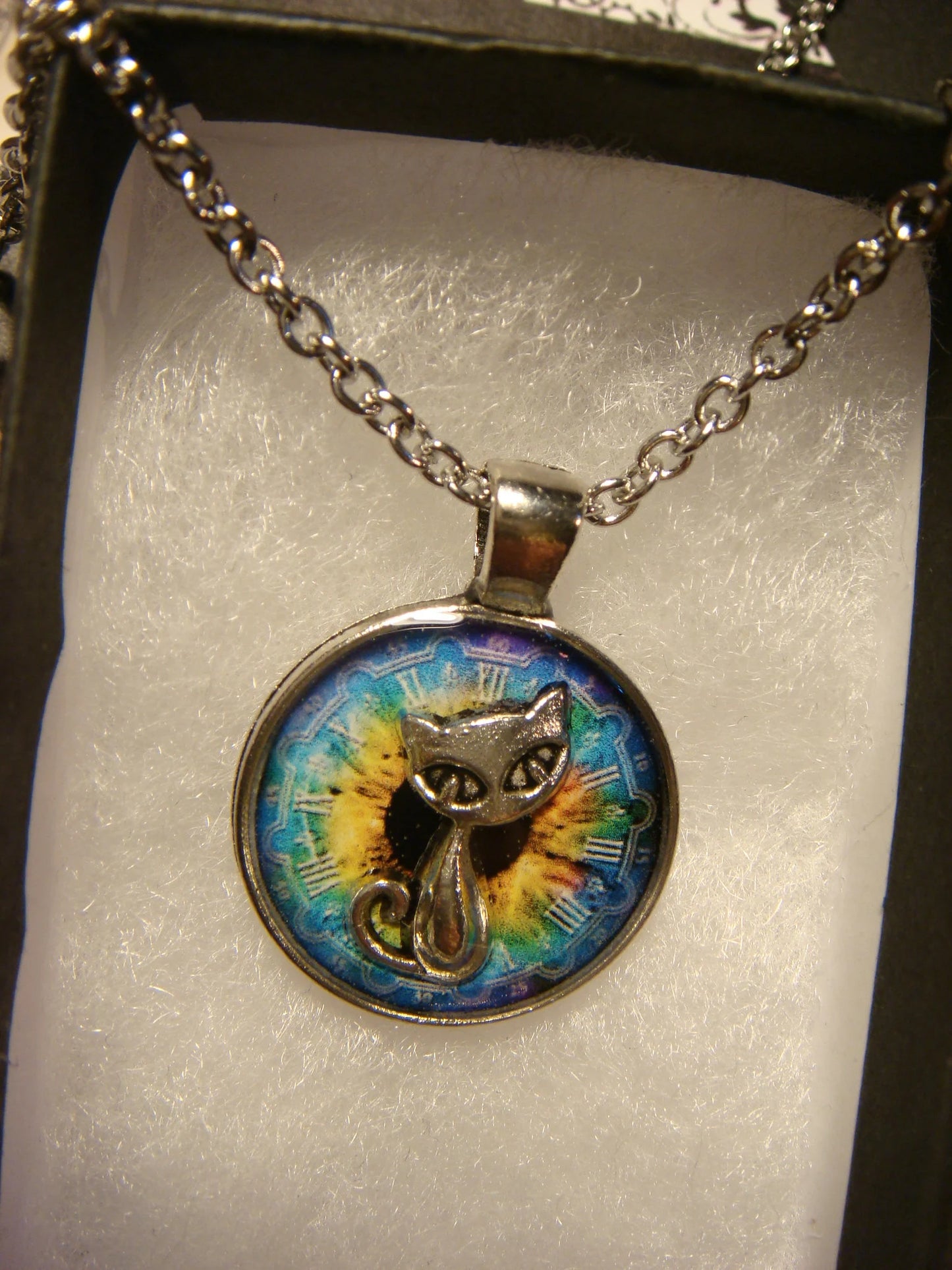 Cat over Colorful Clock Small Pendant Necklace