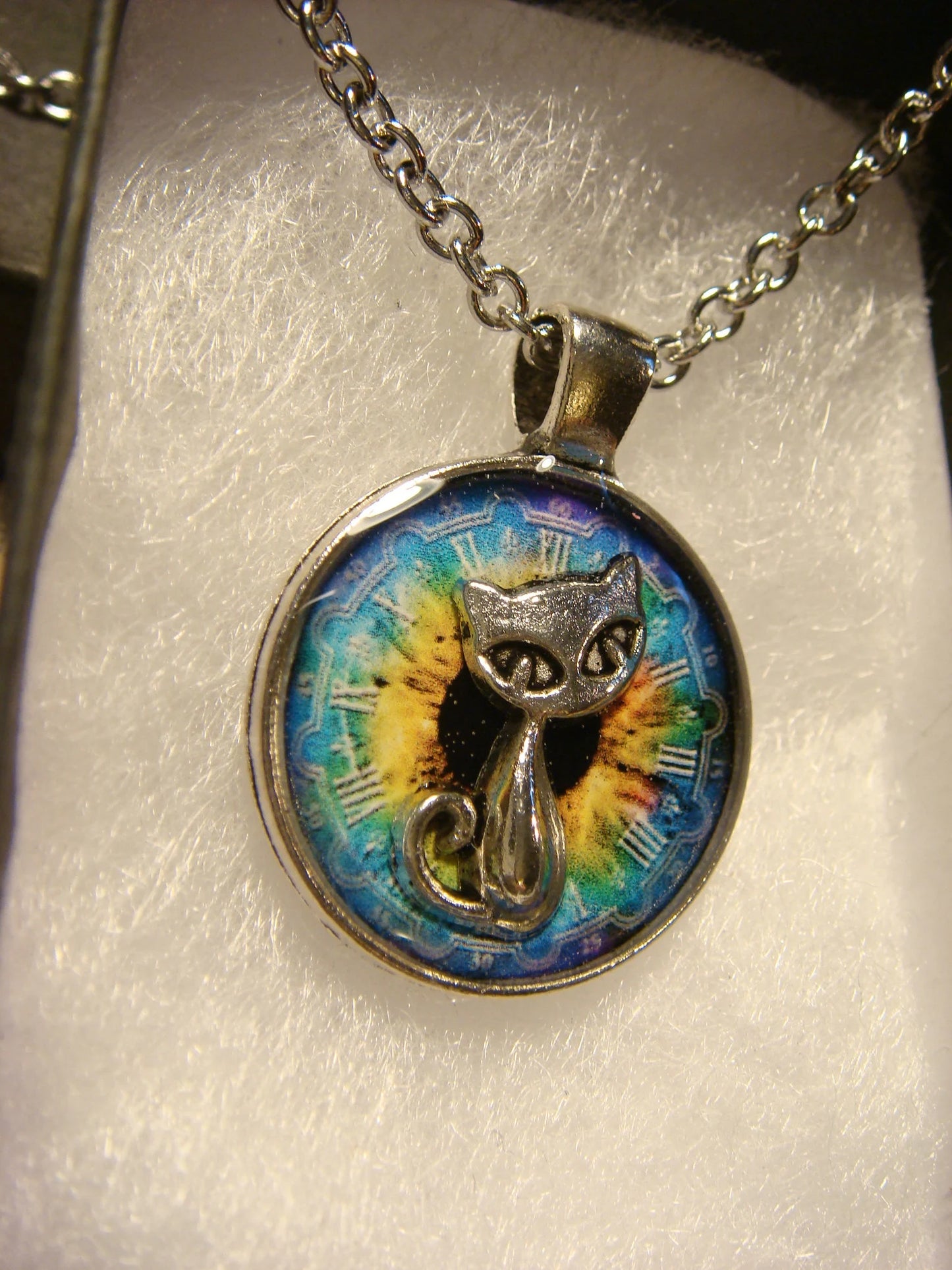 Cat over Colorful Clock Small Pendant Necklace