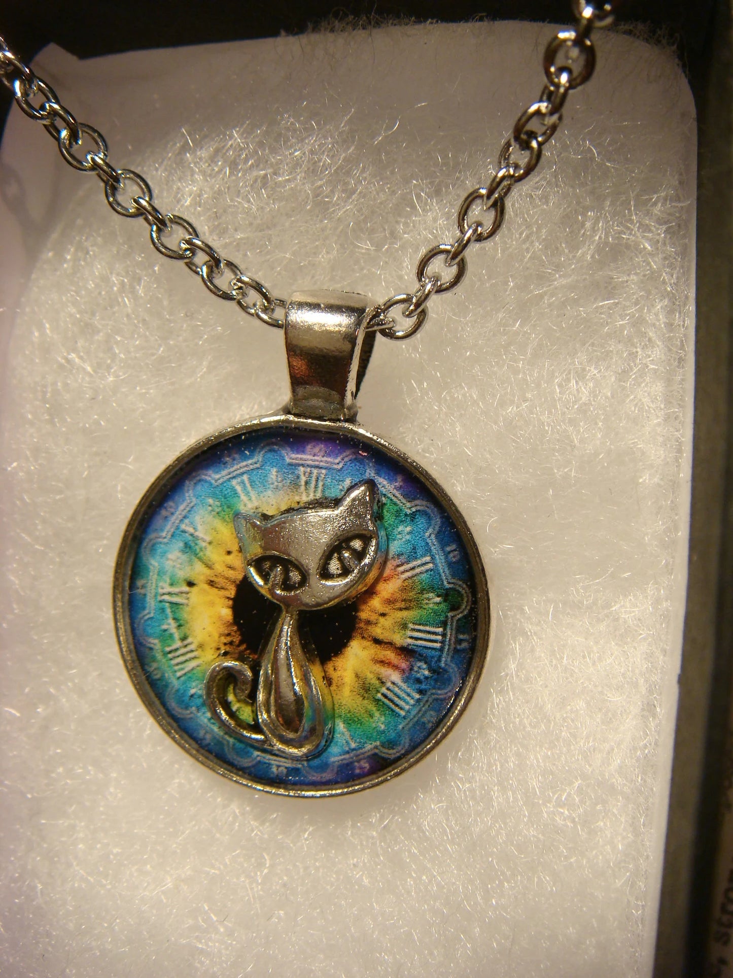 Cat over Colorful Clock Small Pendant Necklace