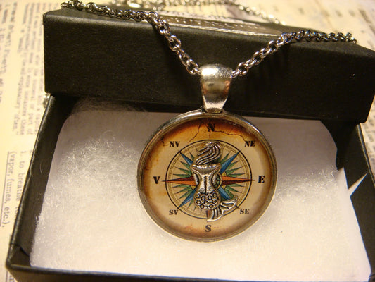 Mermaid over Compass Rose Pendant Necklace