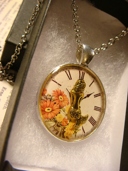 Mermaid over Floral Clock Pendant Necklace
