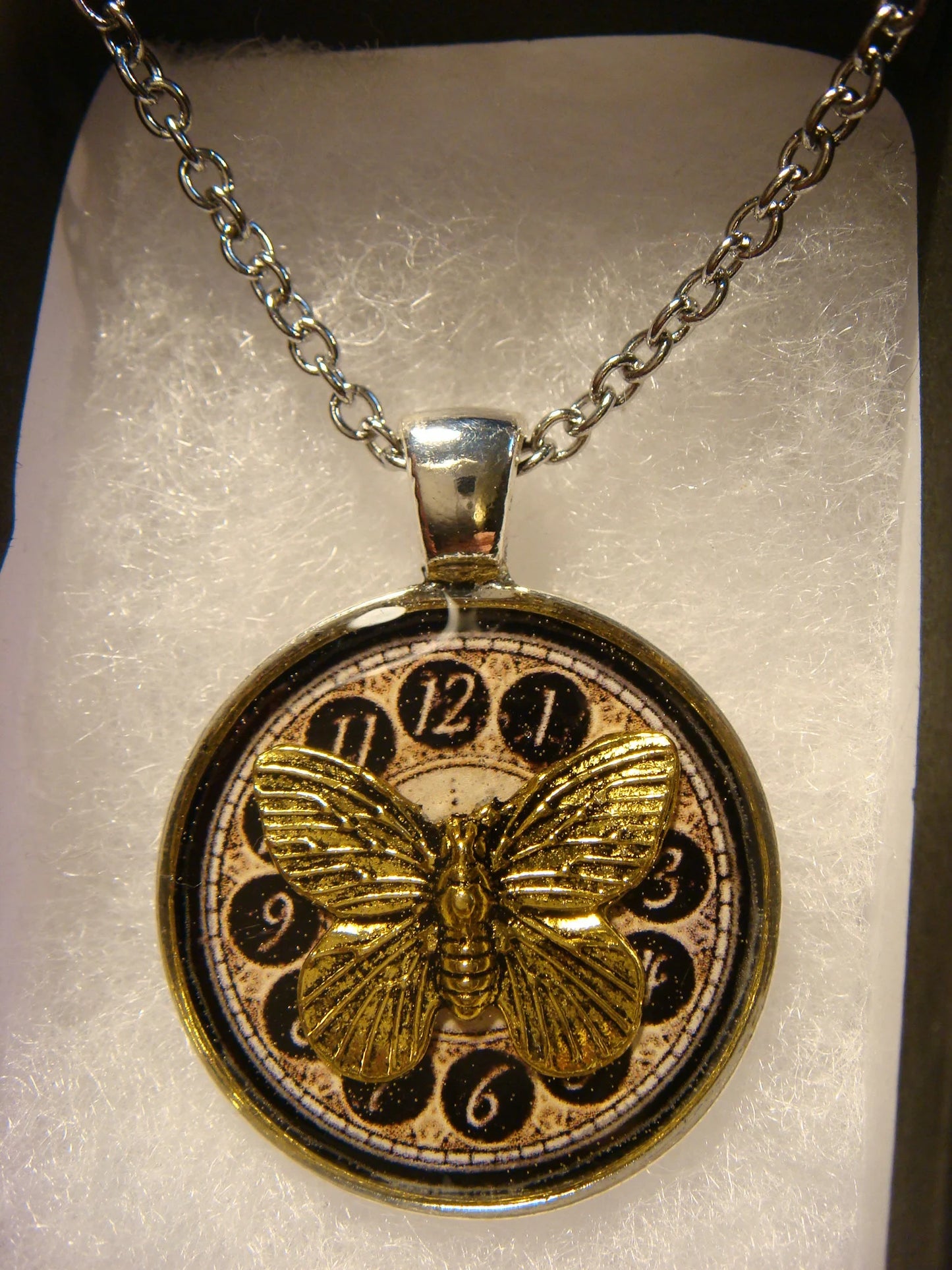 Butterfly over Clock Pendant Necklace