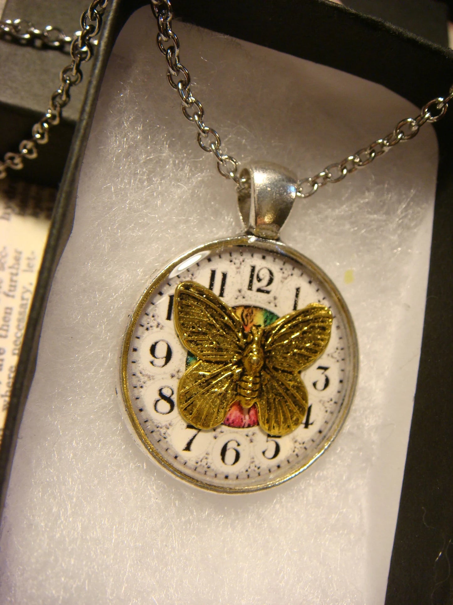 Butterfly over Clock Pendant Necklace