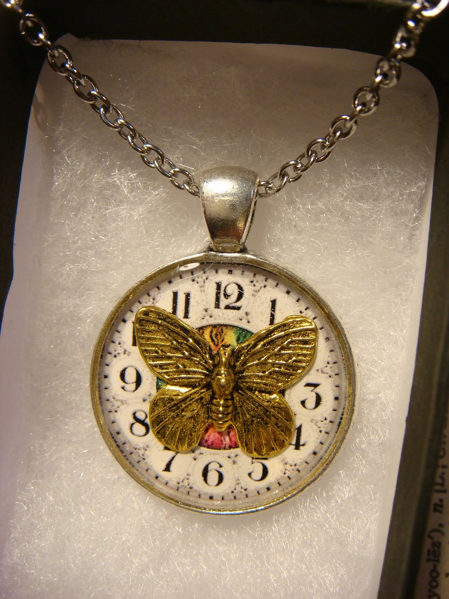 Butterfly over Clock Pendant Necklace