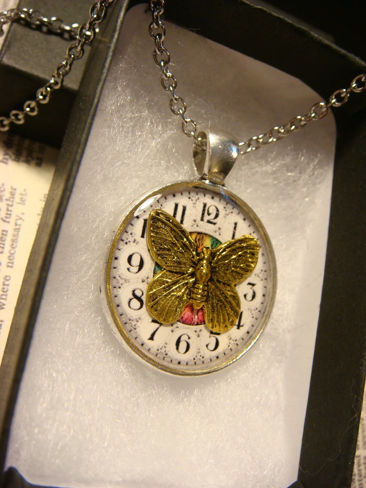 Butterfly over Clock Pendant Necklace