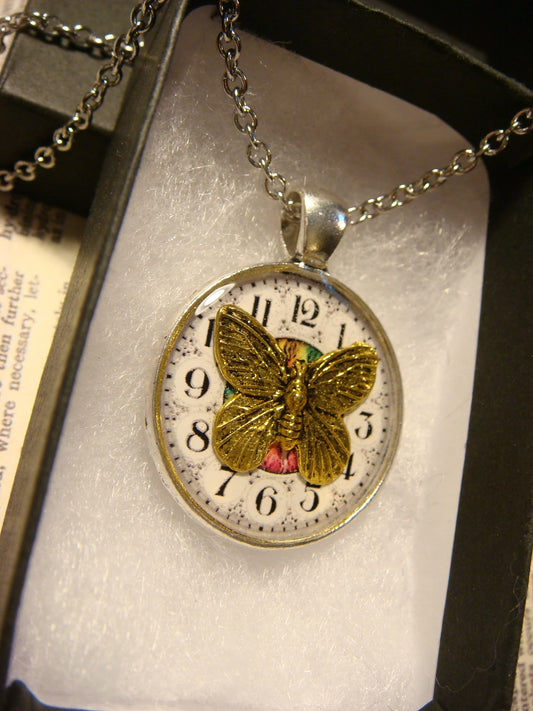 Butterfly over Clock Pendant Necklace