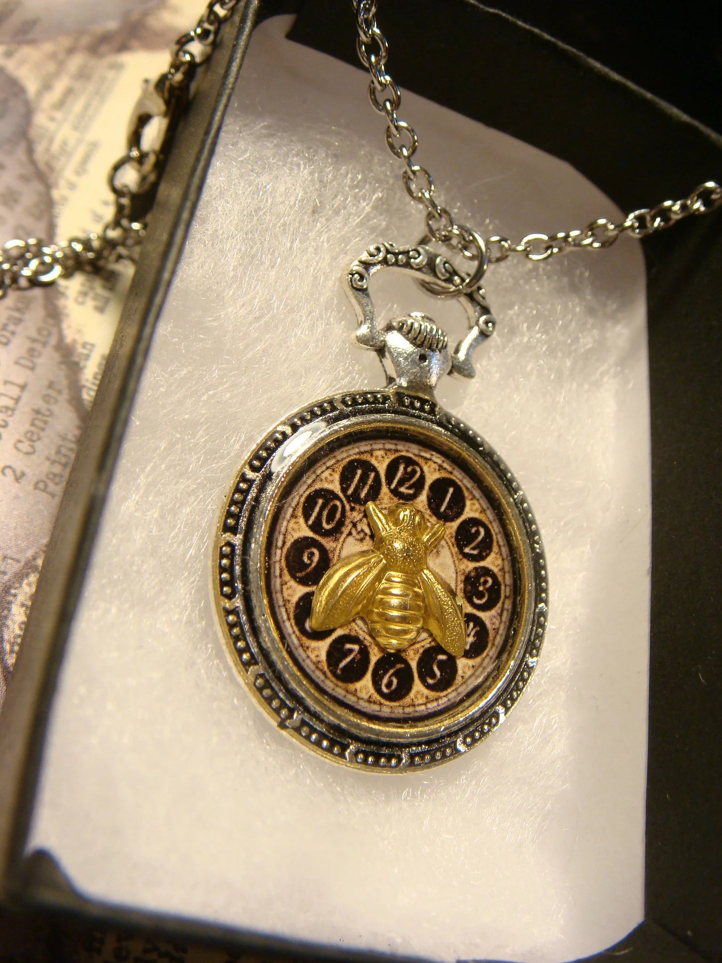 Bee over Clock Pocket Watch Pendant Necklace