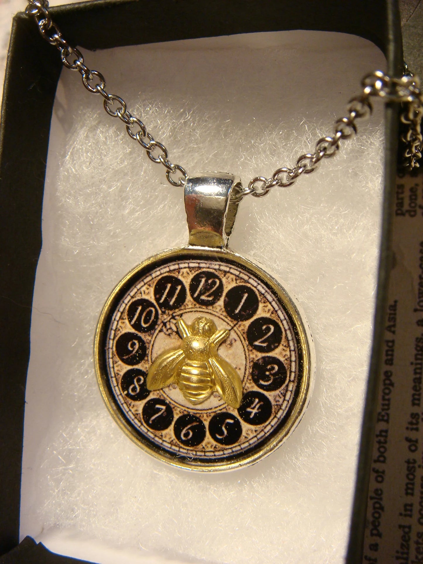 Bee Over Vintage Clock Pendant Necklace