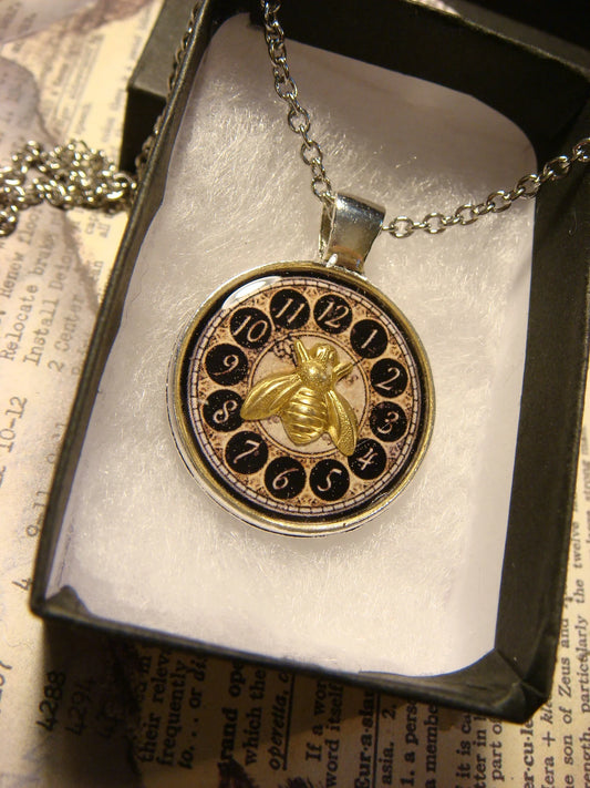 Bee Over Vintage Clock Pendant Necklace