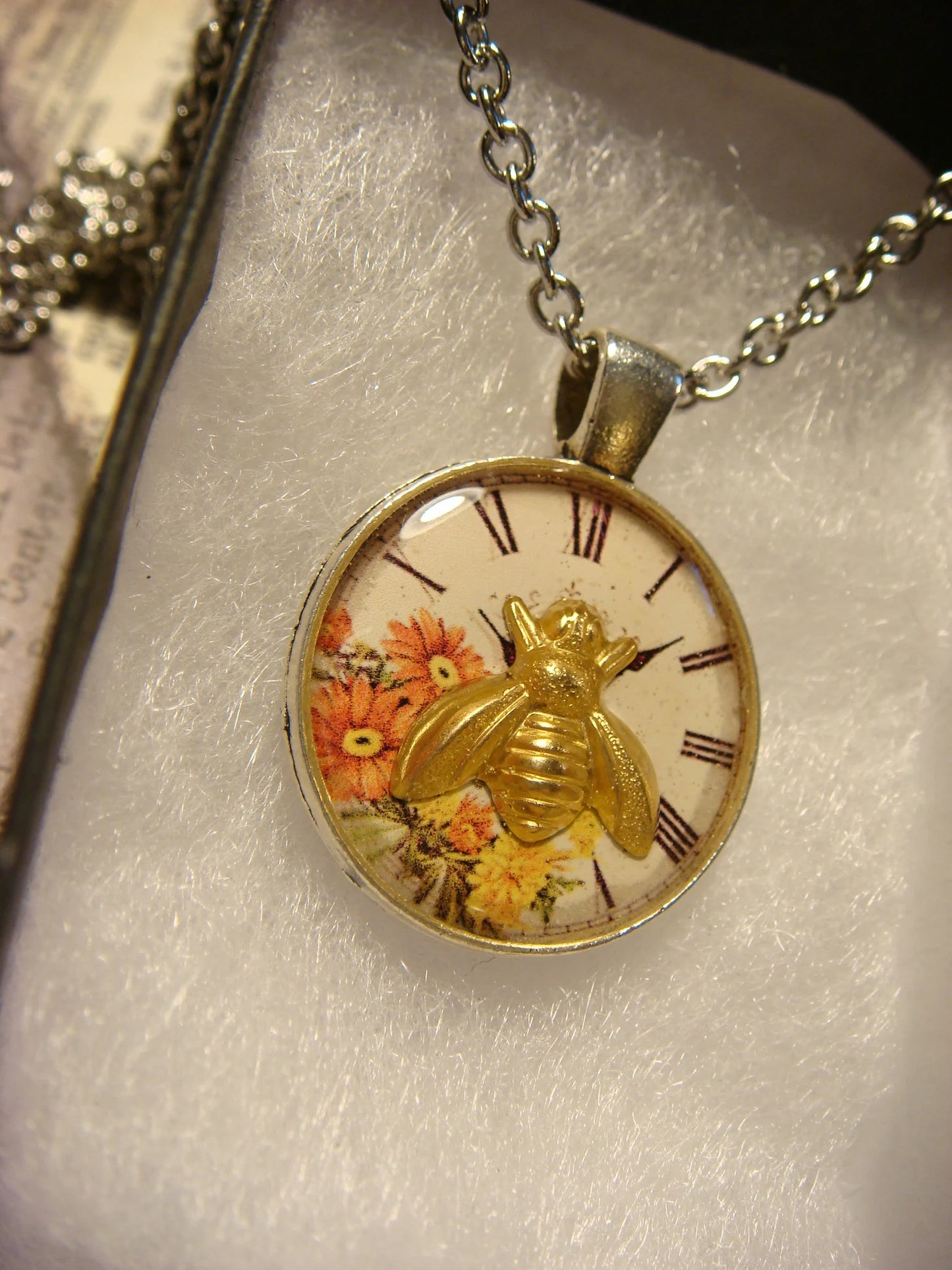 Bee over Floral Clock Pendant Necklace