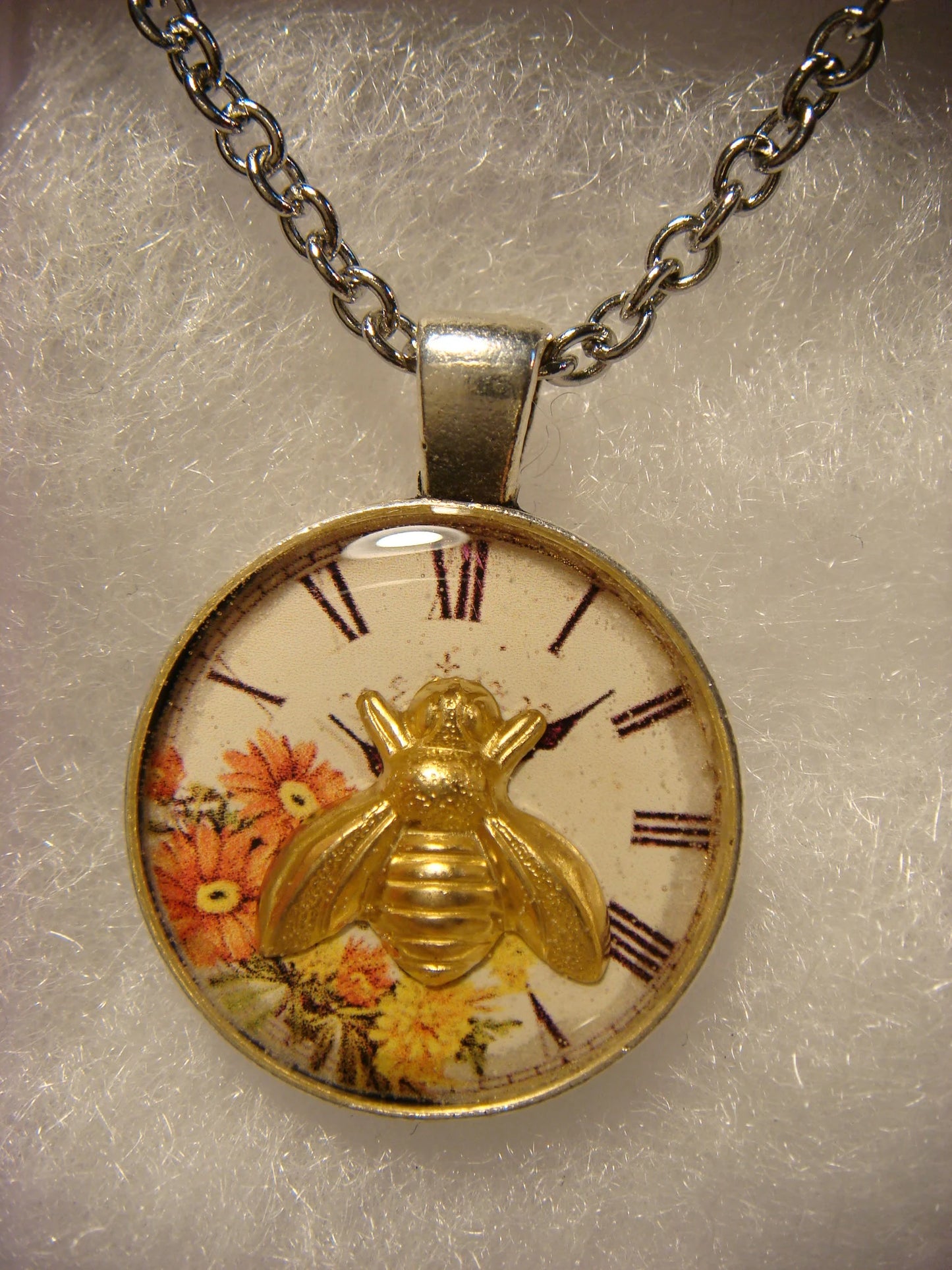 Bee over Floral Clock Pendant Necklace