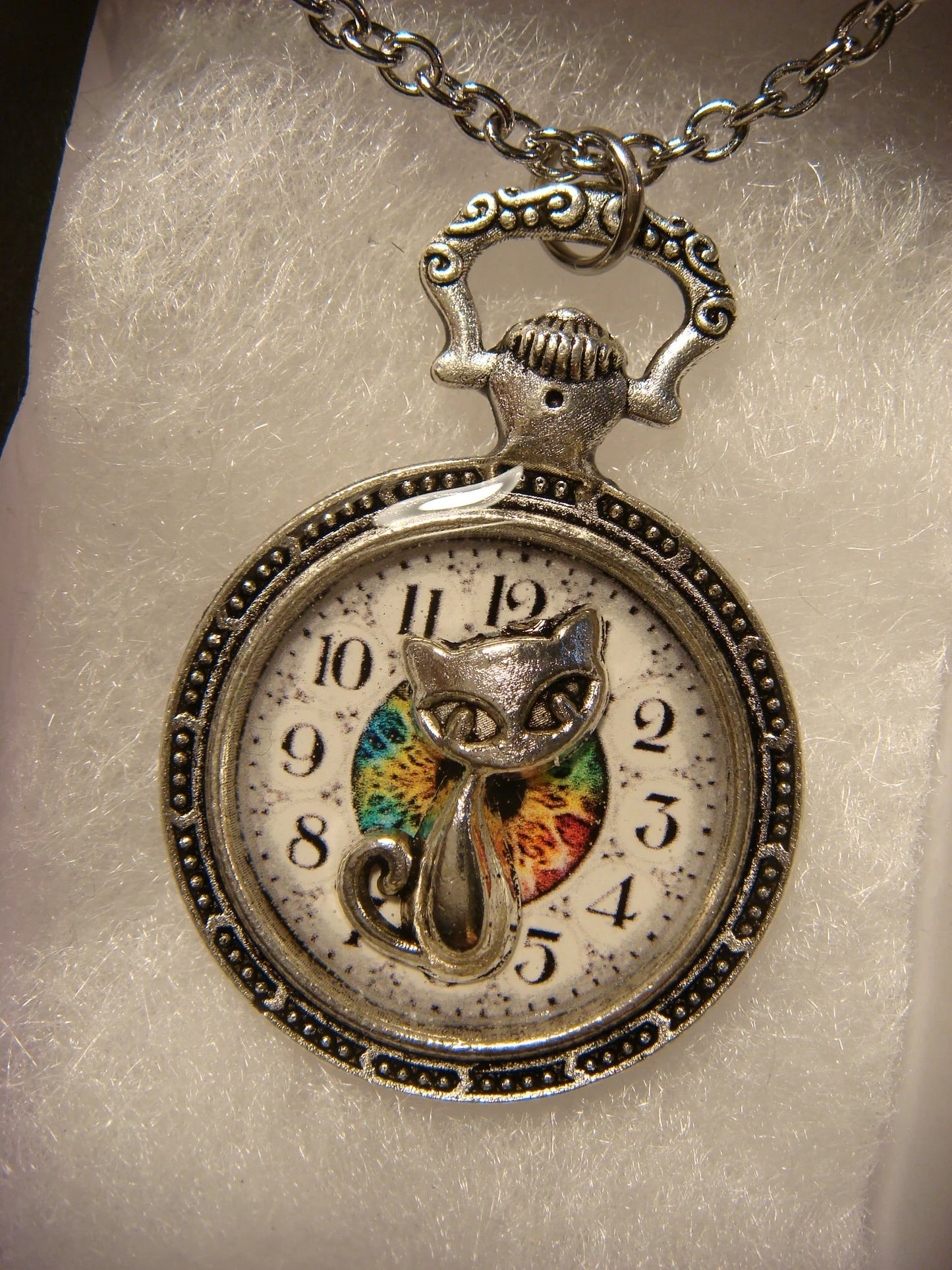 Cat over Clock Pocket Watch Pendant Necklace