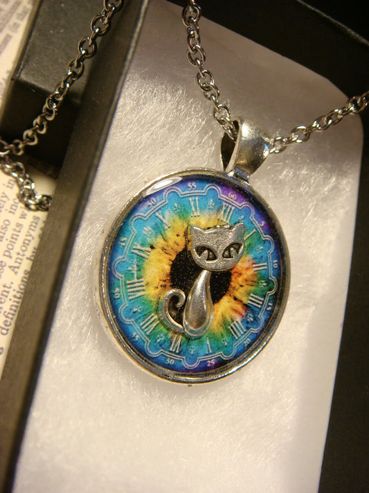 Cat over Colorful Clock Pendant Necklace