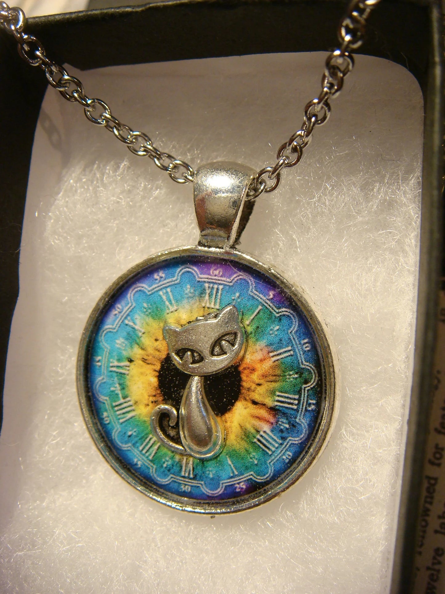 Cat over Colorful Clock Pendant Necklace