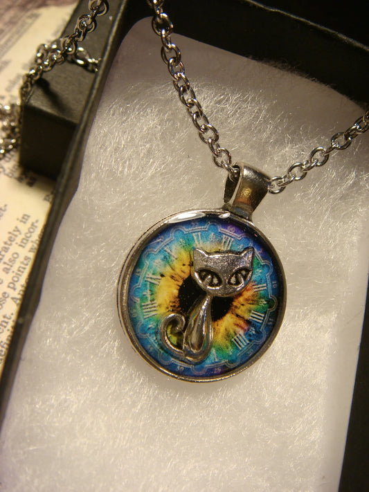 Cat over Colorful Clock Small Pendant Necklace