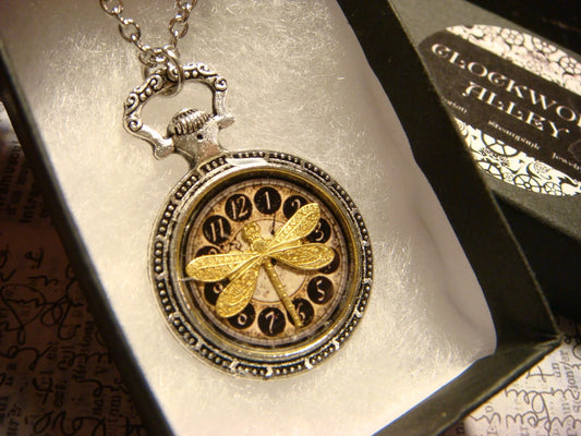 Dragonfly over Clock Watch Pendant Necklace
