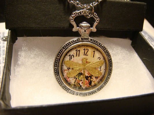 Dragonfly over Floral Clock Pocket Watch Pendant Necklace