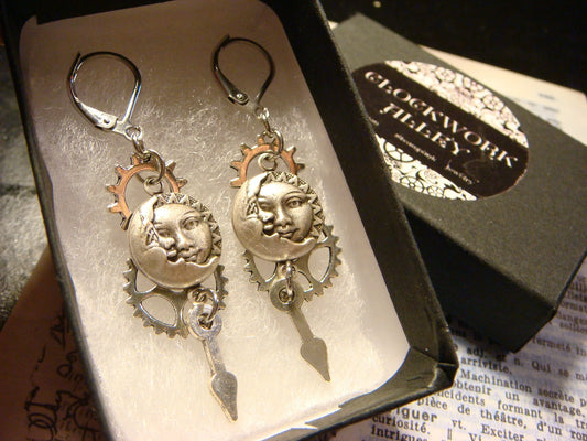 Sun and Moon with Gears, Cogs and Watch Hands Dangle Earrings