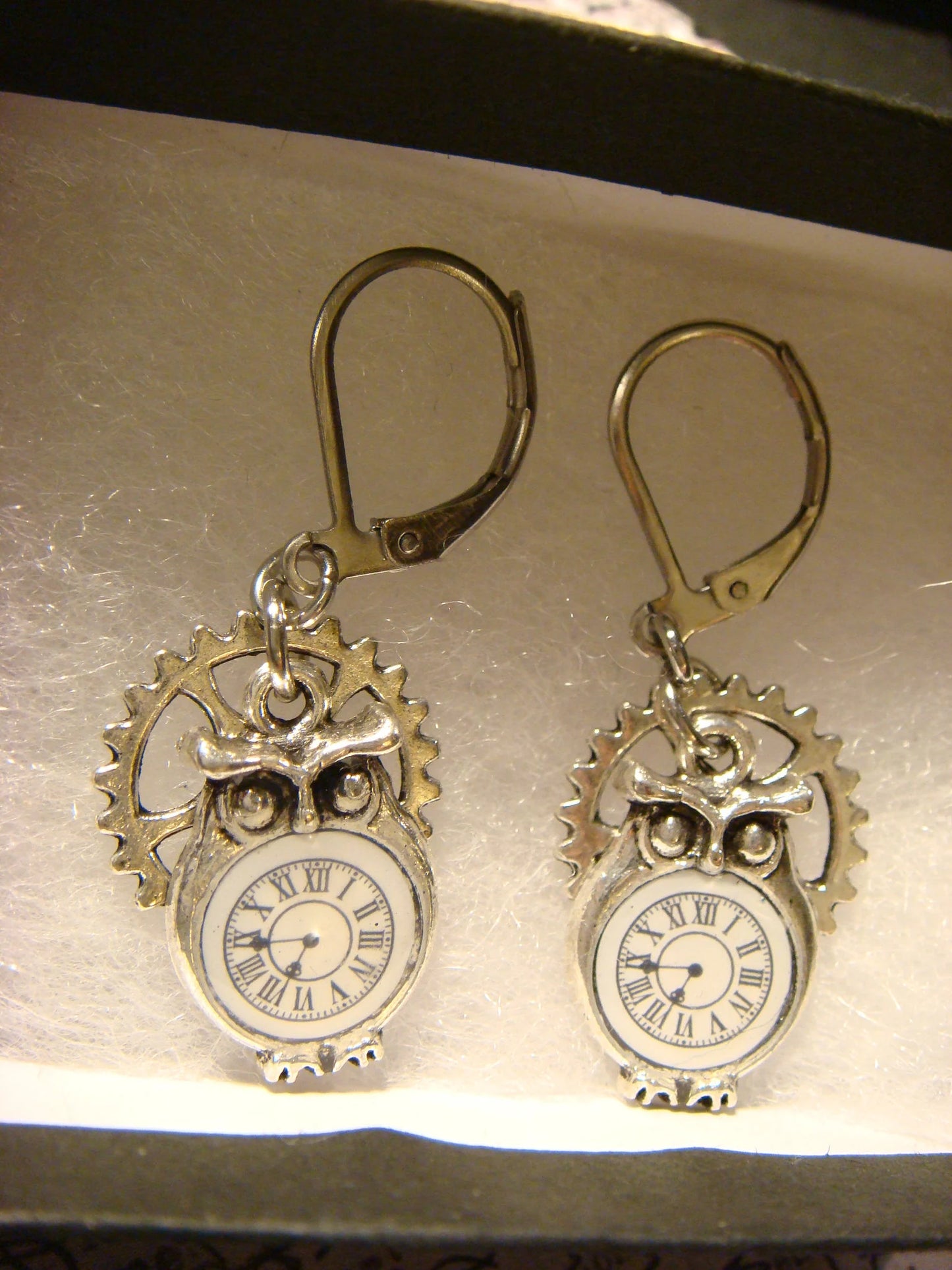 Owl Clock and Gear Dangle Earrings in Antique Silver