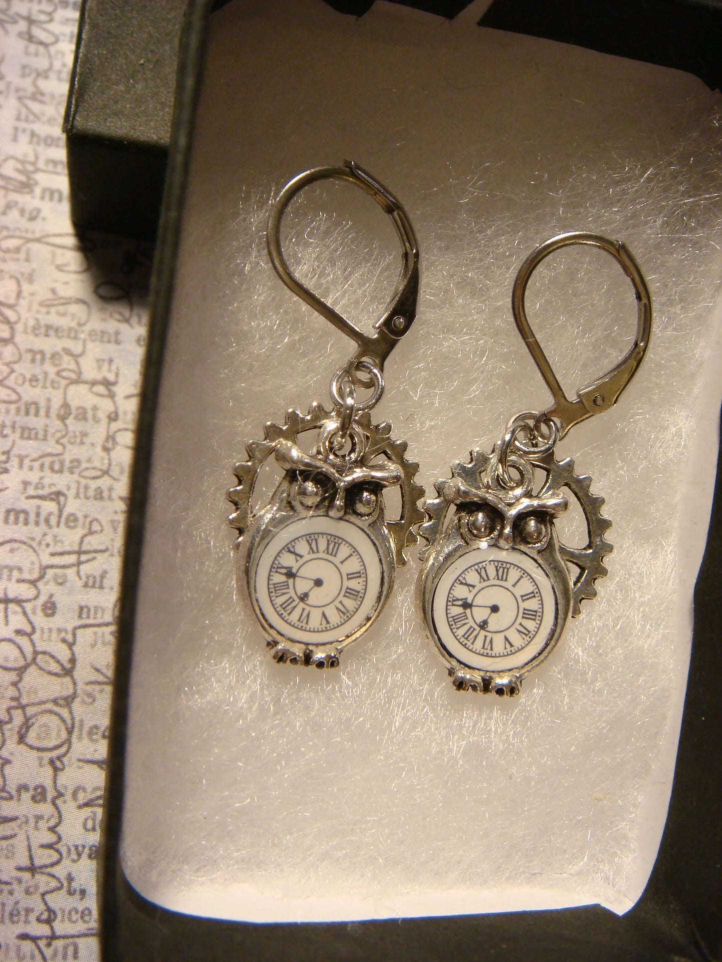 Owl Clock and Gear Dangle Earrings in Antique Silver