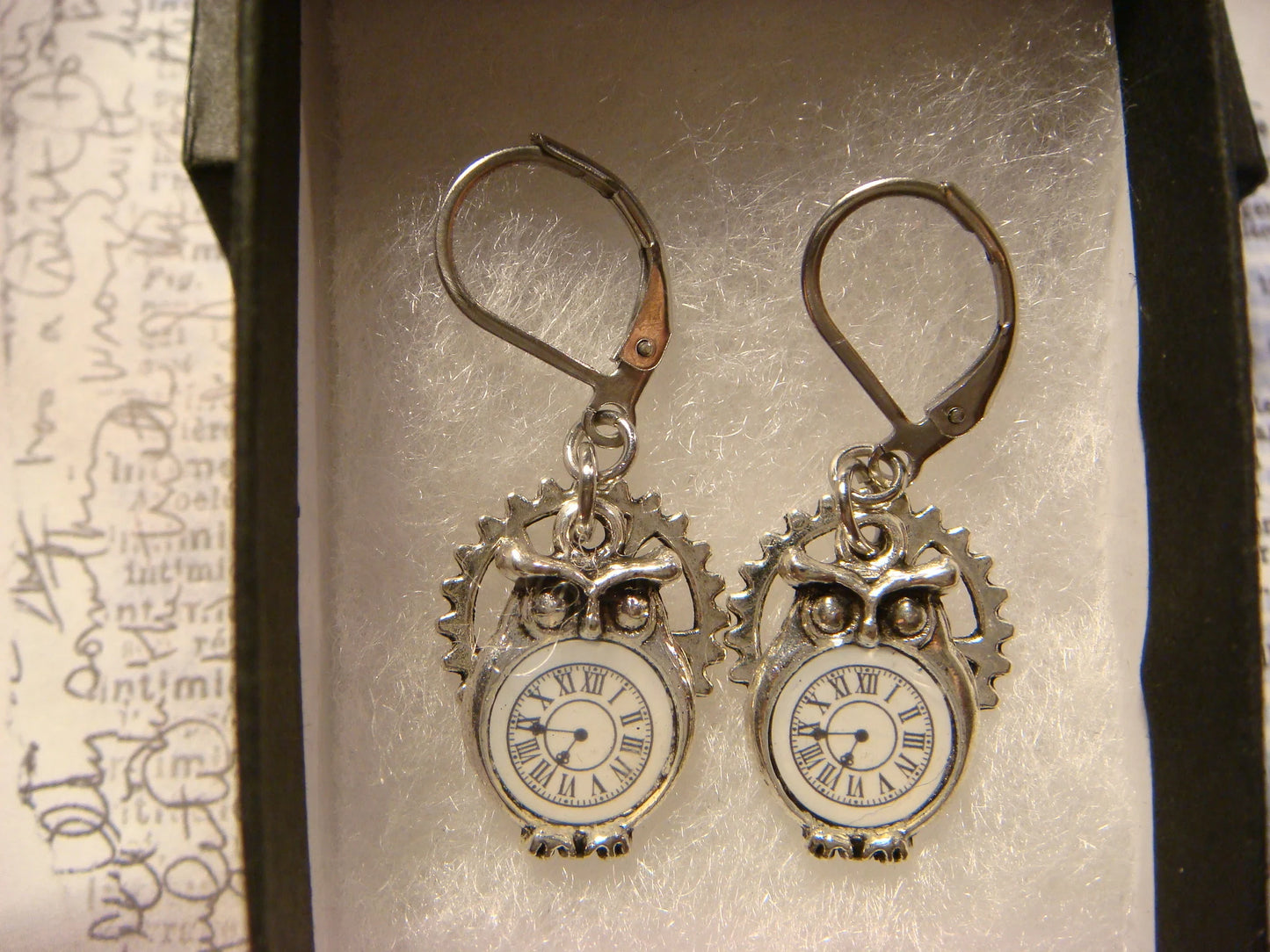 Owl Clock and Gear Dangle Earrings in Antique Silver