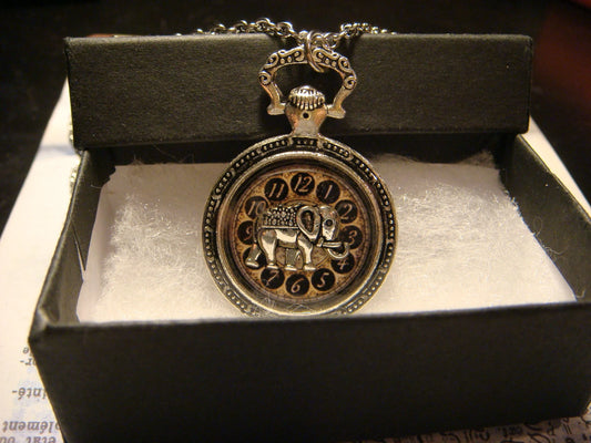 Elephant over Clock Pocket Watch Pendant Necklace
