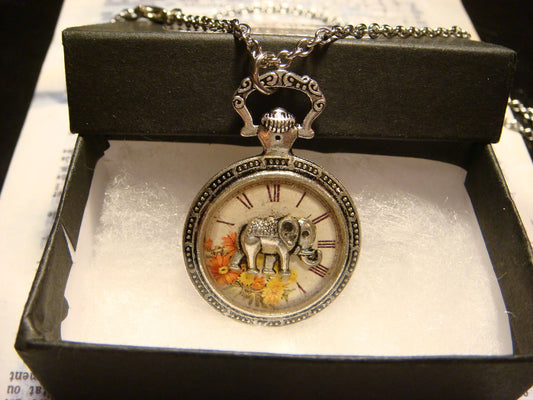 Elephant over Floral Clock Pocket Watch Pendant Necklace