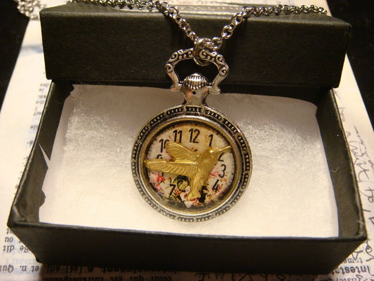 Hummingbird over Floral Clock Pocket Watch Pendant Necklace