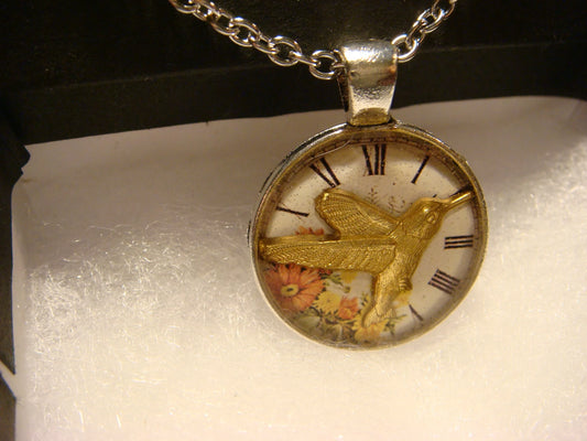 Hummingbird over Floral Clock Small Pendant Necklace