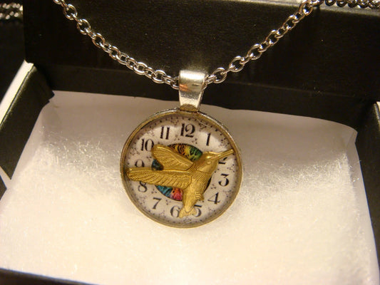 Hummingbird over Clock Small Pendant Necklace