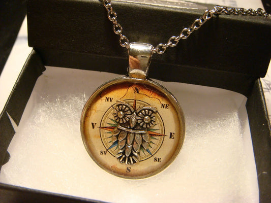 Owl over Compass Rose Pendant Necklace