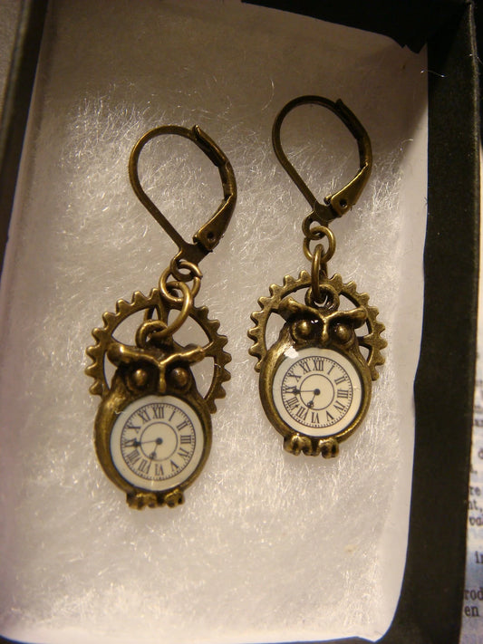 Owl Clock and Gear Dangle Earrings in Antique Bronze